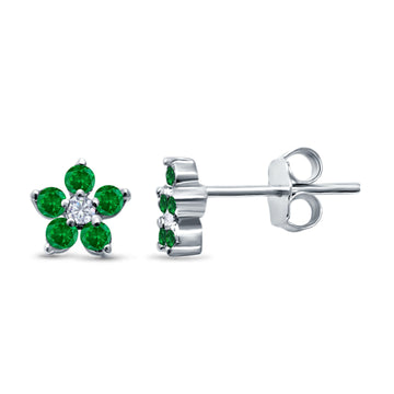 Cluster Flower Stud Earrings Round Simulated Green Emerald CZ 925 Sterling Silver